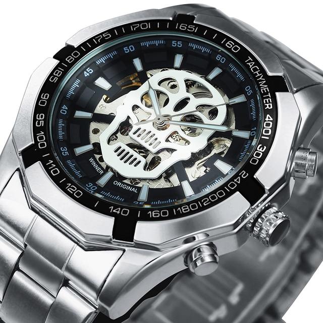 Mens Top Brand Luxury Automatic Mechanical Gold Watch with stainless steel band and luminous features, showcasing a stylish skeleton skull design.