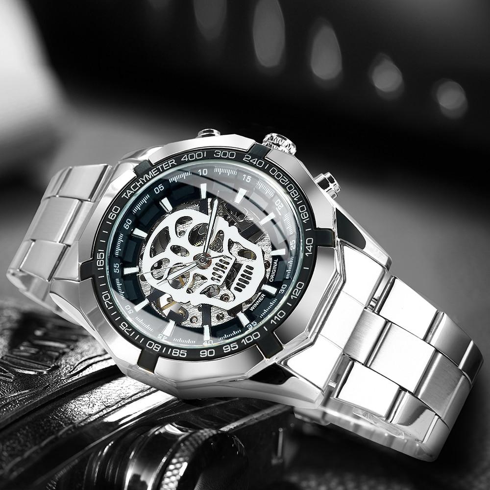 Mens Top Brand Luxury Automatic Mechanical Gold Watch with stainless steel band and luminous features, showcasing a stylish skeleton skull design.