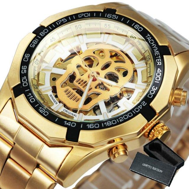 Mens Top Brand Luxury Automatic Mechanical Gold Watch with stainless steel band and luminous features, showcasing a stylish skeleton skull design.