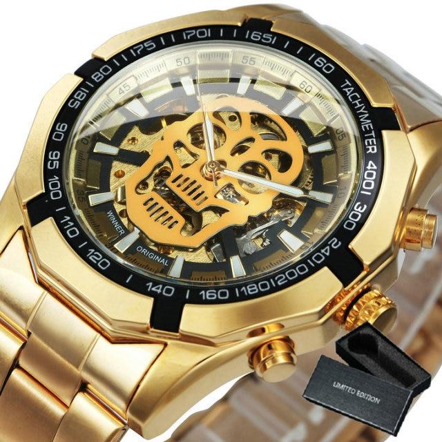 Mens Top Brand Luxury Automatic Mechanical Gold Watch with stainless steel band and luminous features, showcasing a stylish skeleton skull design.