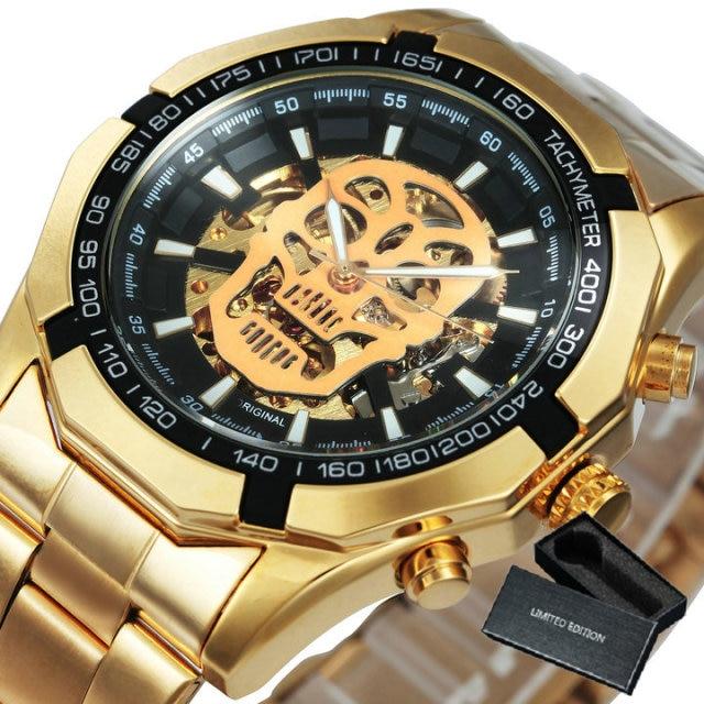 Mens Top Brand Luxury Automatic Mechanical Gold Watch with stainless steel band and luminous features, showcasing a stylish skeleton skull design.