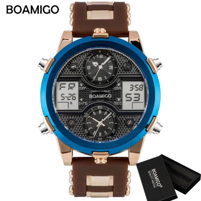 Mens luxury sports watch featuring quartz movement, LED display, and a stylish gold and blue design.