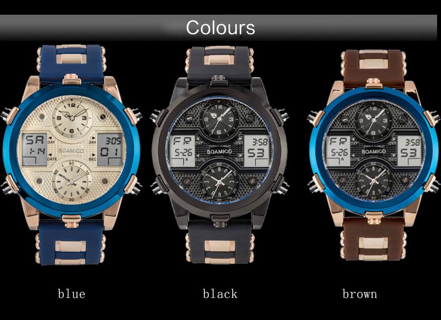 Mens luxury sports watch featuring quartz movement, LED display, and a stylish gold and blue design.