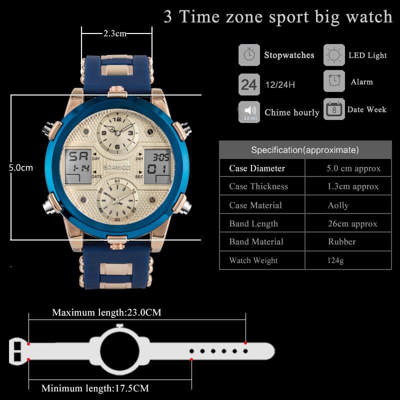 Mens luxury sports watch featuring quartz movement, LED display, and a stylish gold and blue design.