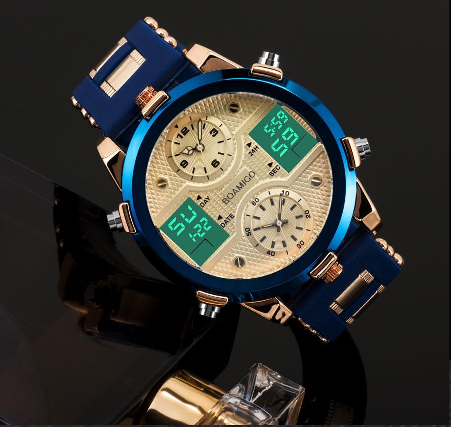 Mens luxury sports watch featuring quartz movement, LED display, and a stylish gold and blue design.