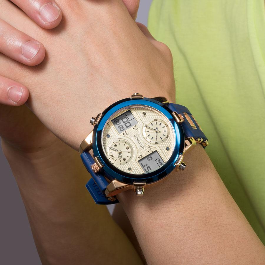 Mens luxury sports watch featuring quartz movement, LED display, and a stylish gold and blue design.