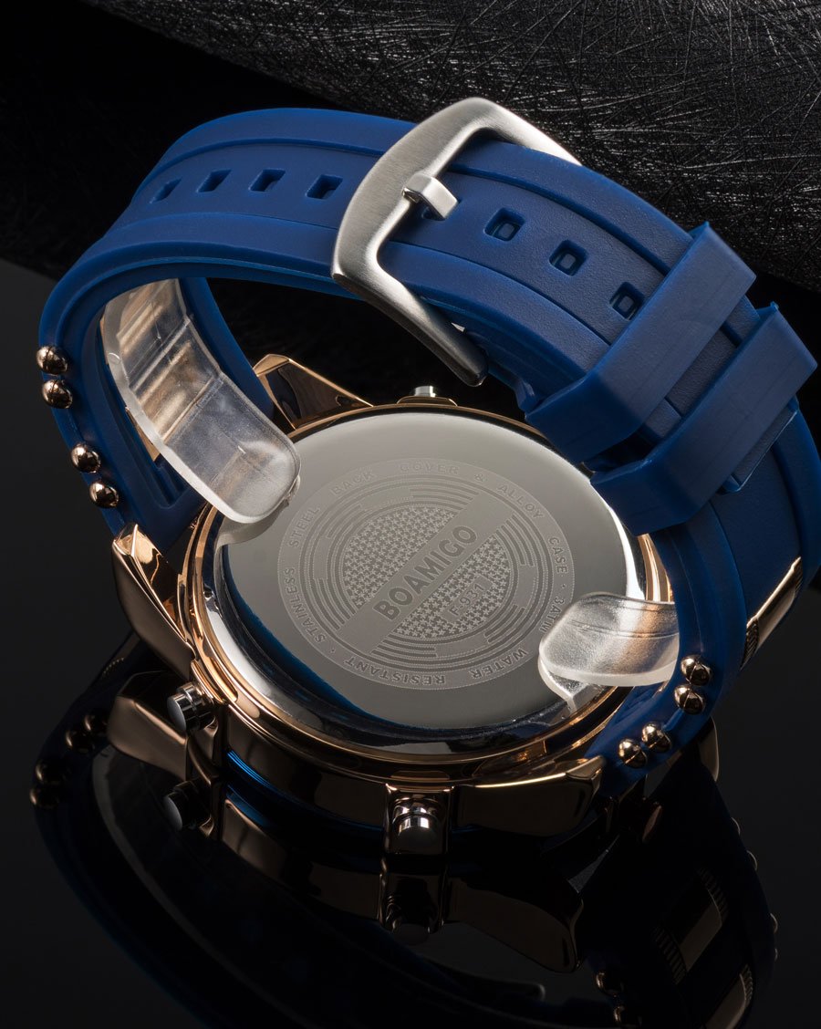 Mens luxury sports watch featuring quartz movement, LED display, and a stylish gold and blue design.