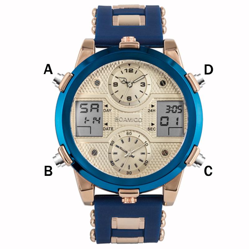 Mens luxury sports watch featuring quartz movement, LED display, and a stylish gold and blue design.