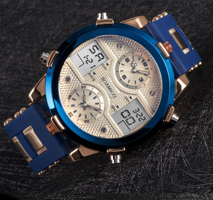 Mens luxury sports watch featuring quartz movement, LED display, and a stylish gold and blue design.