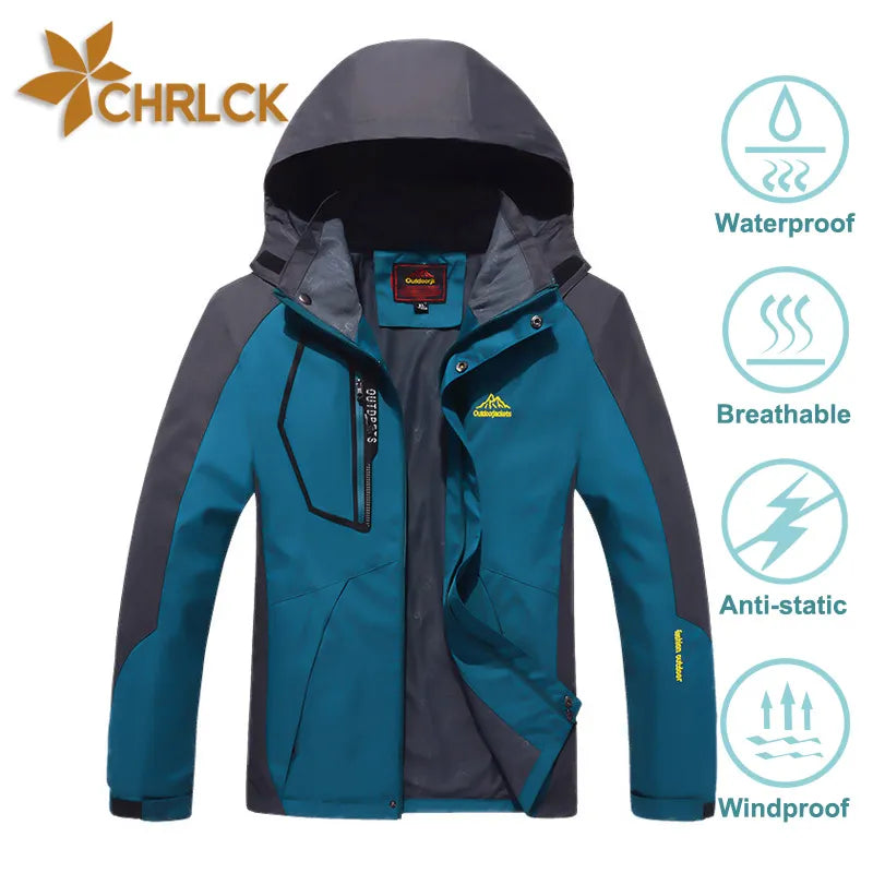 Men's Waterproof Hiking Jacket in large size, showcasing its windproof and waterproof features, perfect for outdoor activities.