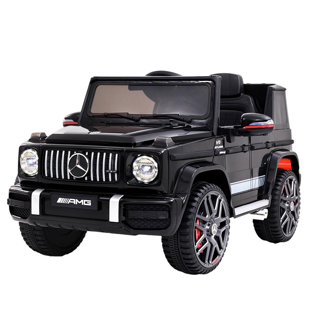 Mercedes-Benz Kids Ride On Car Electric AMG G63 in black, featuring realistic design, headlights, and remote control for safety.