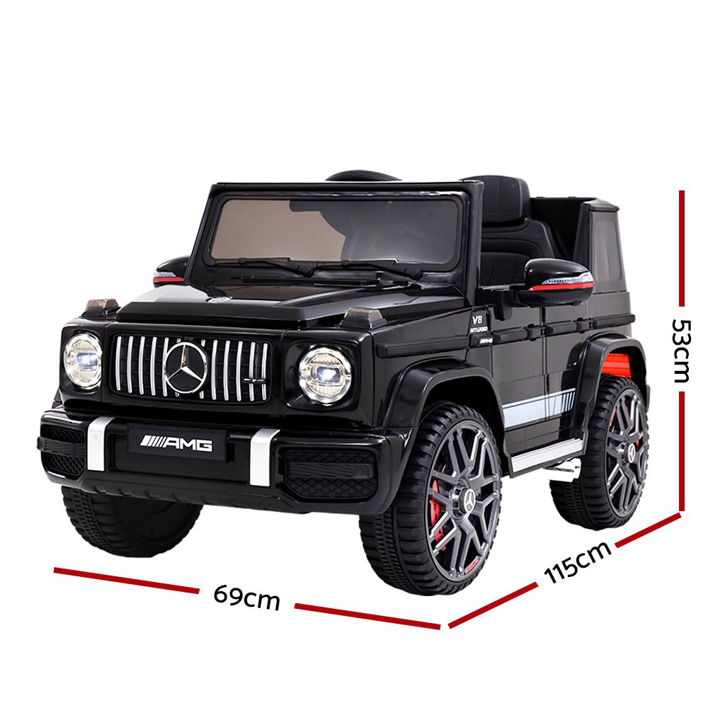 Mercedes-Benz Kids Ride On Car Electric AMG G63 in black, featuring realistic design, headlights, and remote control for safety.