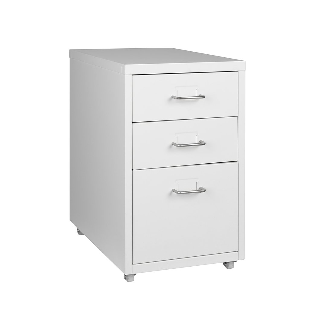 Metal Cabinet Storage with 3 tiers, white steel construction, and label holder, featuring 360° wheels for easy movement.