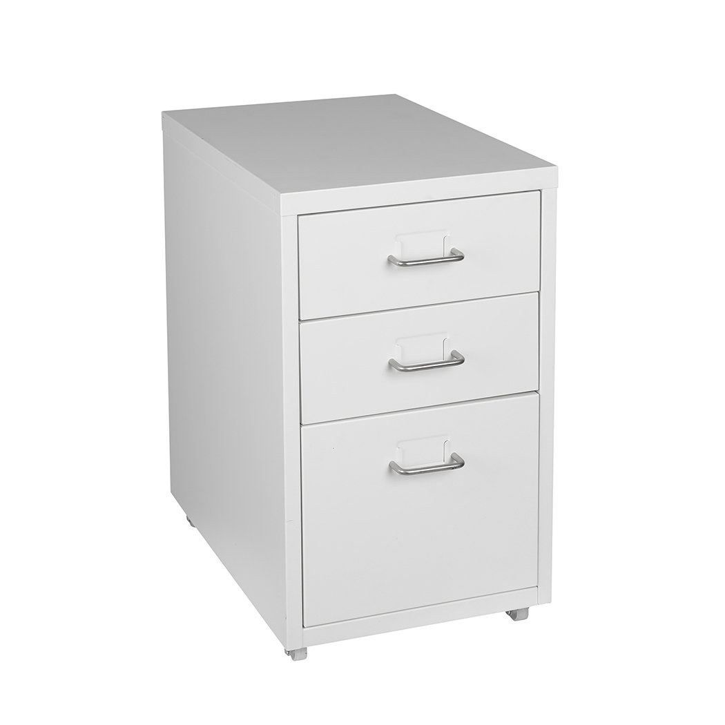 Metal Cabinet Storage with 3 tiers, white steel construction, and label holder, featuring 360° wheels for easy movement.