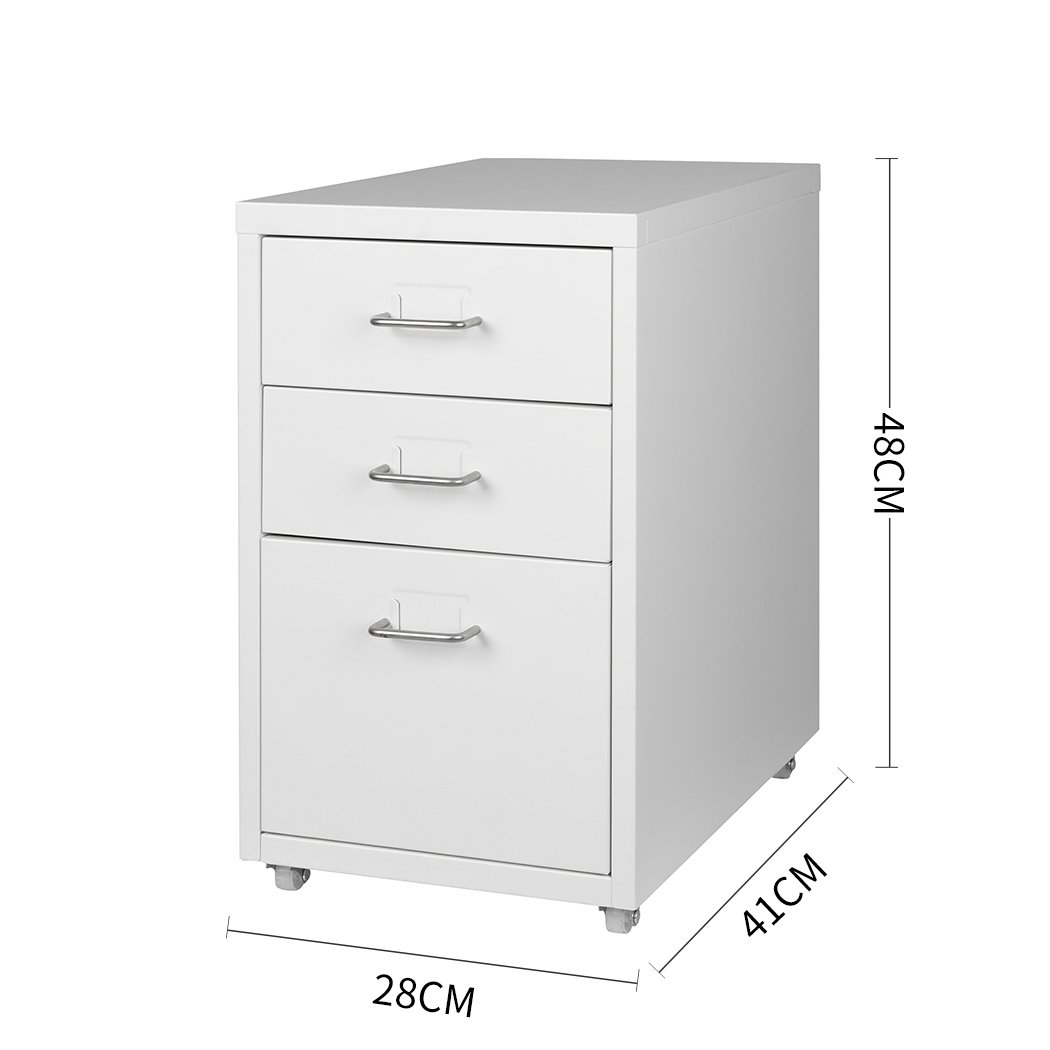 Metal Cabinet Storage with 3 tiers, white steel construction, and label holder, featuring 360° wheels for easy movement.