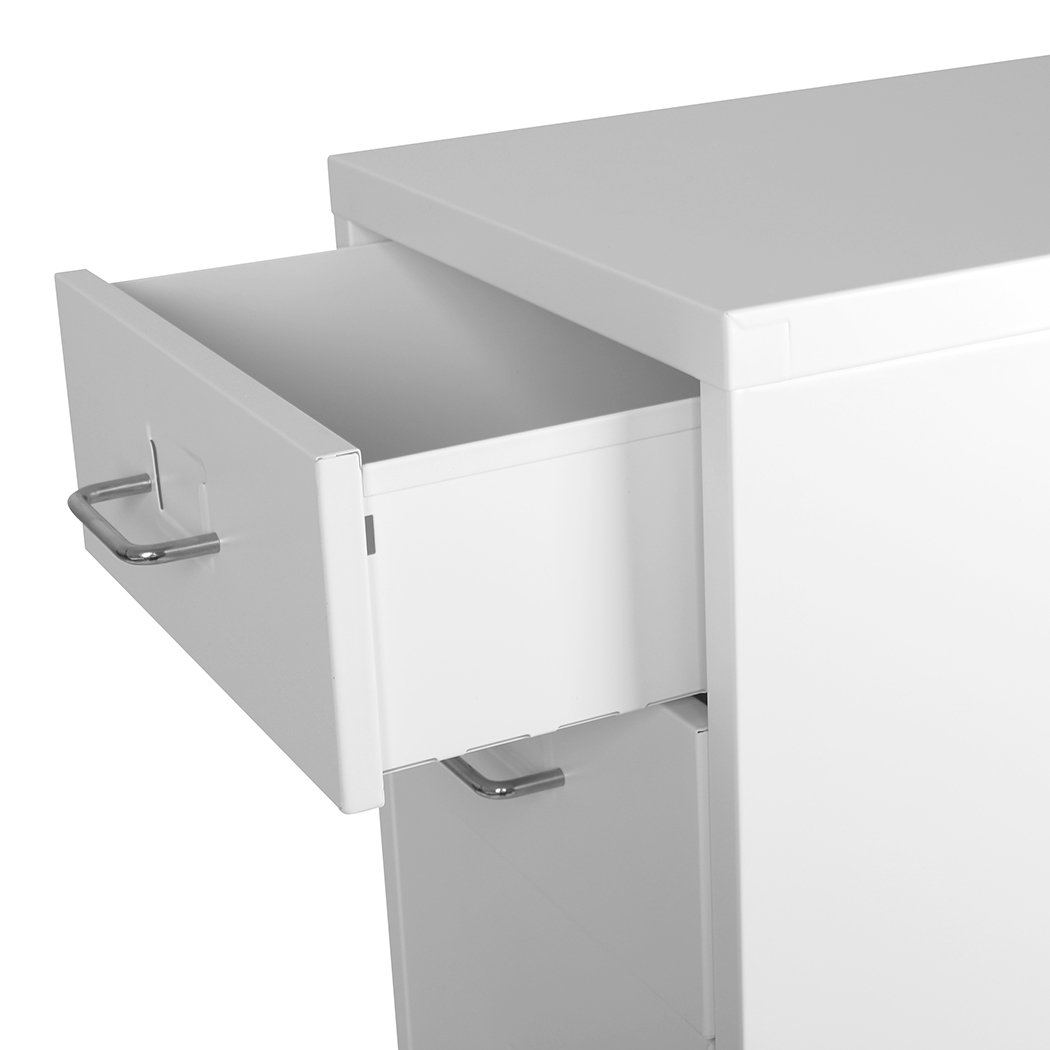 Metal Cabinet Storage with 3 tiers, white steel construction, and label holder, featuring 360° wheels for easy movement.