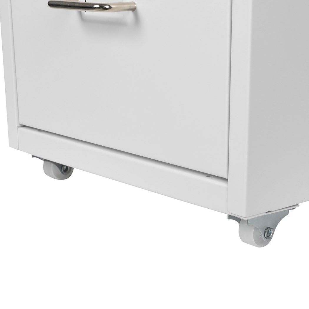 Metal Cabinet Storage with 3 tiers, white steel construction, and label holder, featuring 360° wheels for easy movement.