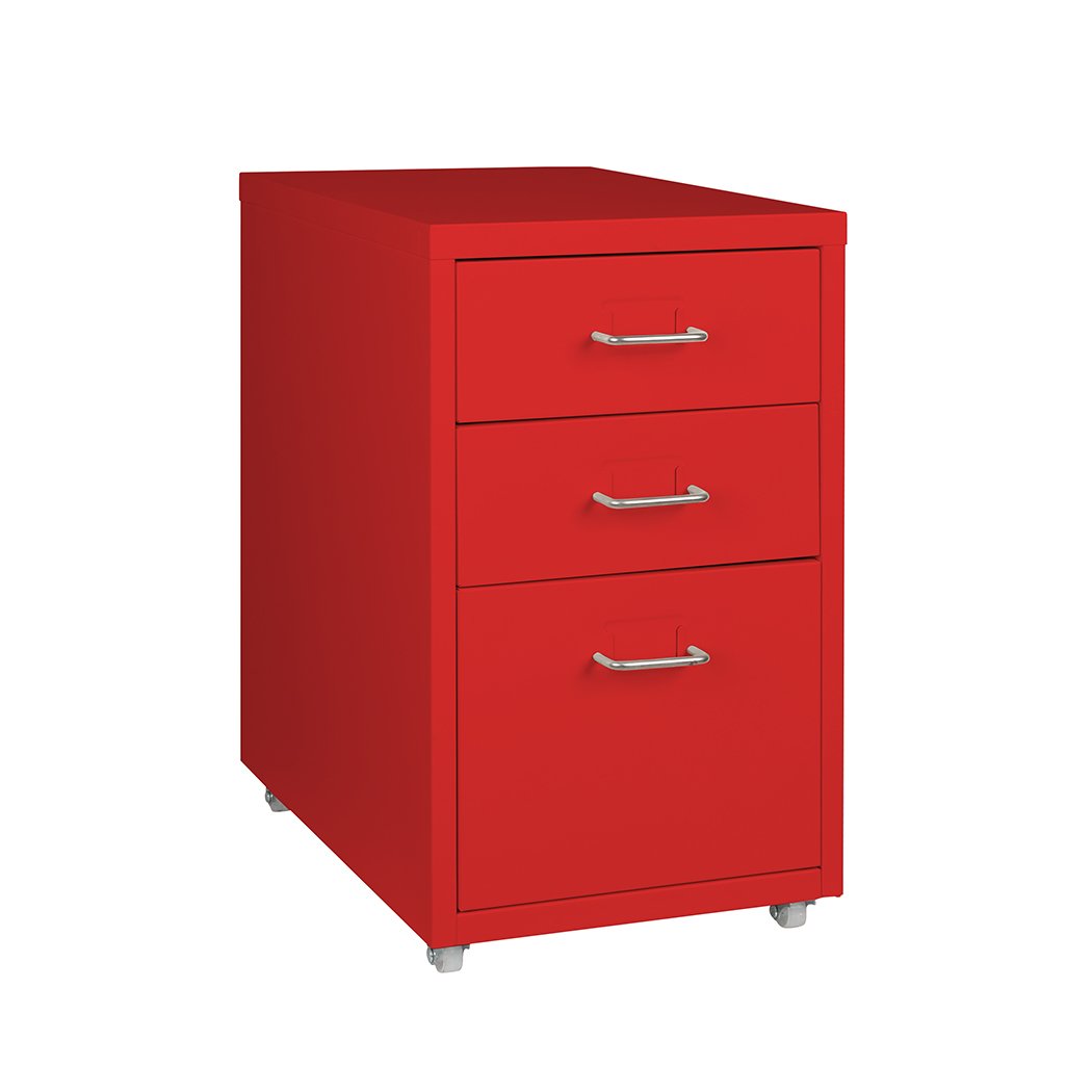 Metal Cabinet Storage with 3 tiers, red color, featuring label holder and 360° wheels for easy maneuverability.