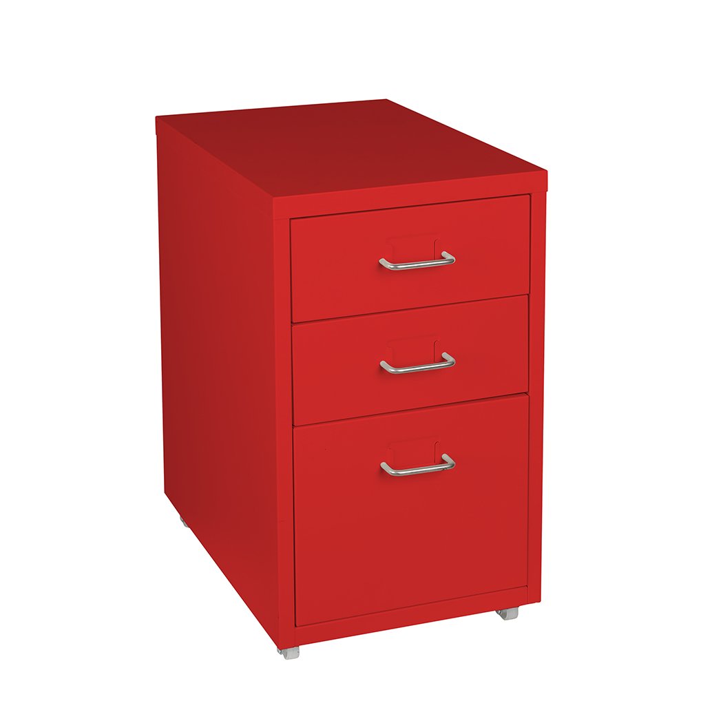 Metal Cabinet Storage with 3 tiers, red color, featuring label holder and 360° wheels for easy maneuverability.