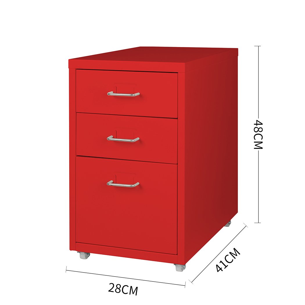 Metal Cabinet Storage with 3 tiers, red color, featuring label holder and 360° wheels for easy maneuverability.