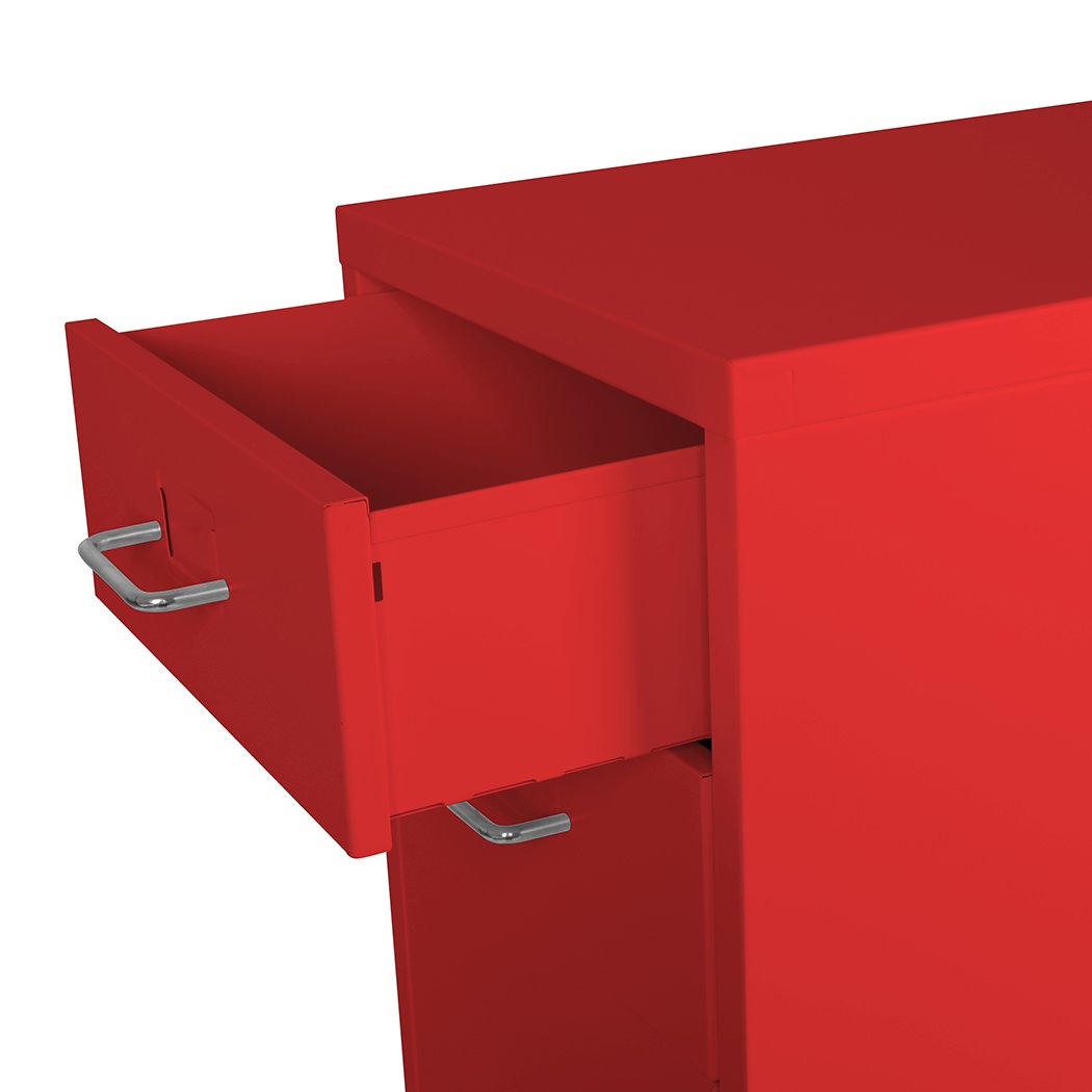 Metal Cabinet Storage with 3 tiers, red color, featuring label holder and 360° wheels for easy maneuverability.