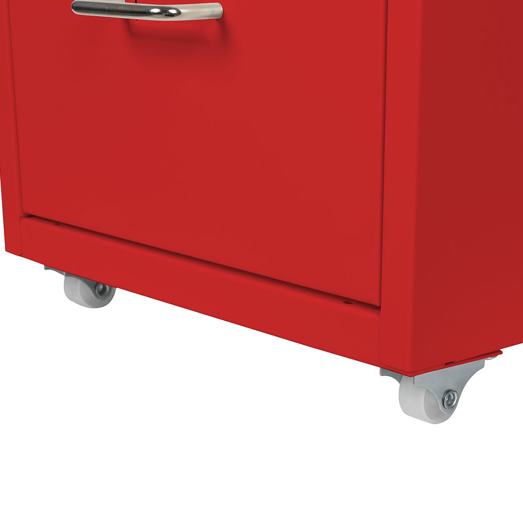 Metal Cabinet Storage with 3 tiers, red color, featuring label holder and 360° wheels for easy maneuverability.