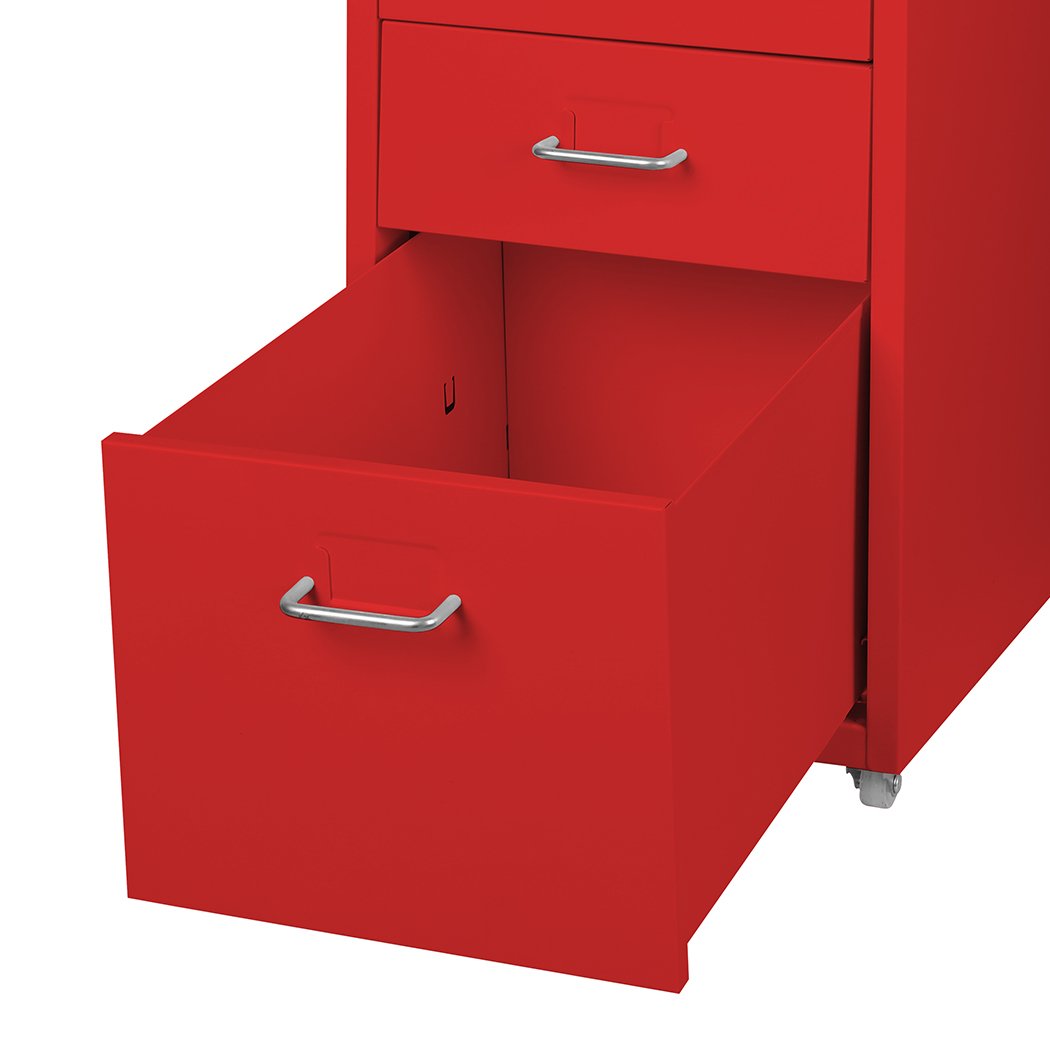 Metal Cabinet Storage with 3 tiers, red color, featuring label holder and 360° wheels for easy maneuverability.