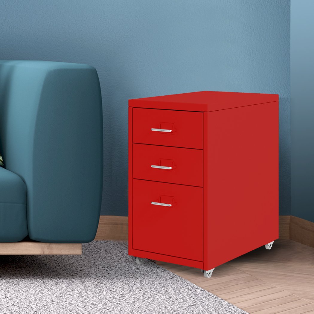 Metal Cabinet Storage with 3 tiers, red color, featuring label holder and 360° wheels for easy maneuverability.