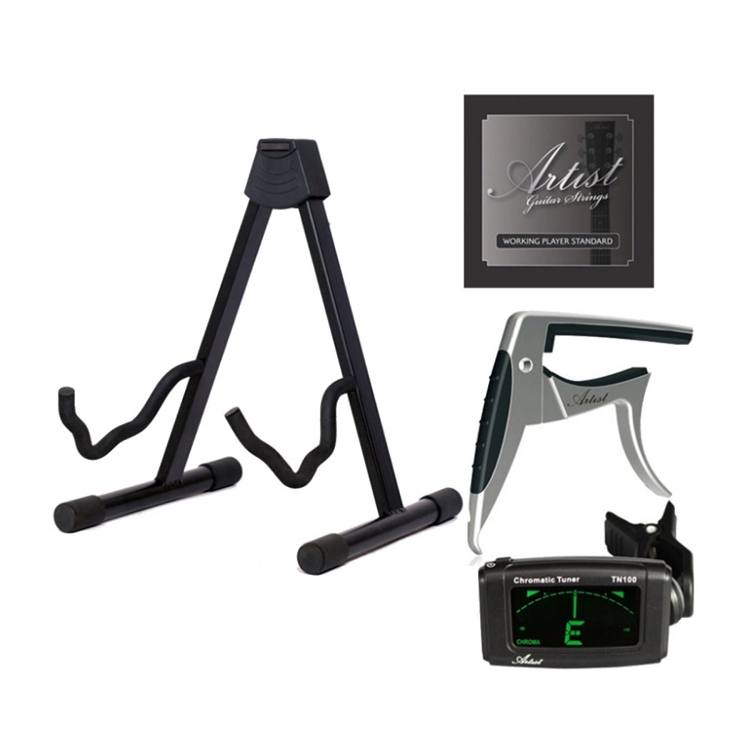 Metal guitar stand with rubber feet, holding electric and acoustic guitars securely, featuring a sleek black design.