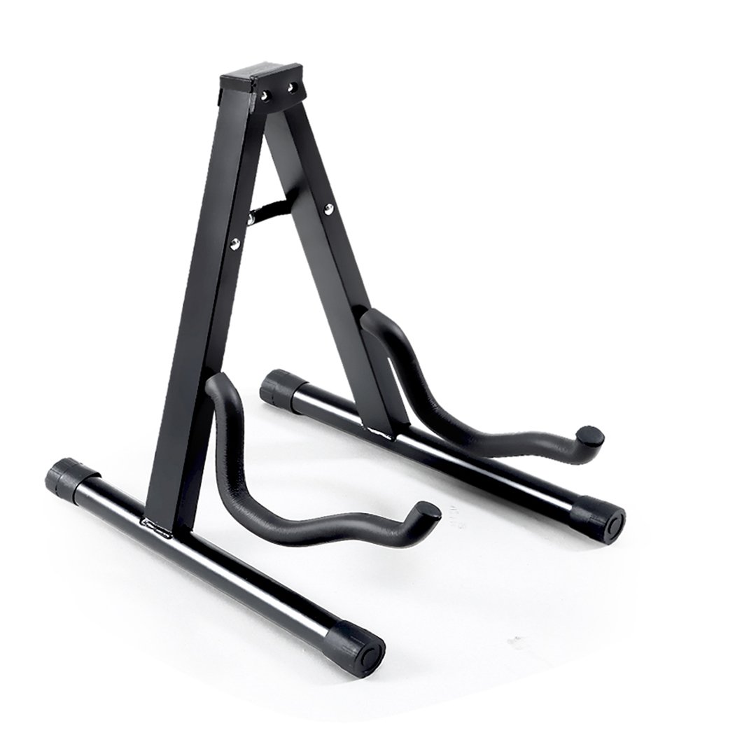 Metal guitar stand with rubber feet, holding electric and acoustic guitars securely, featuring a sleek black design.