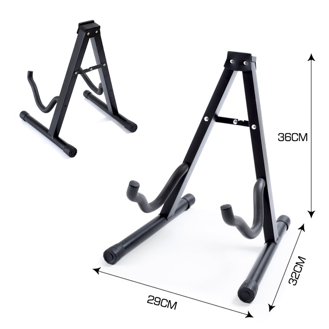 Metal guitar stand with rubber feet, holding electric and acoustic guitars securely, featuring a sleek black design.