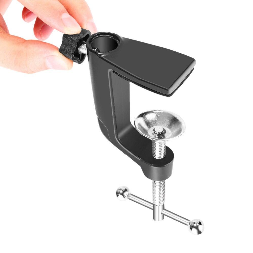 Metal Table Mounting Clamp designed for microphone suspension boom scissor arm, featuring an adjustable screw for optimal positioning.