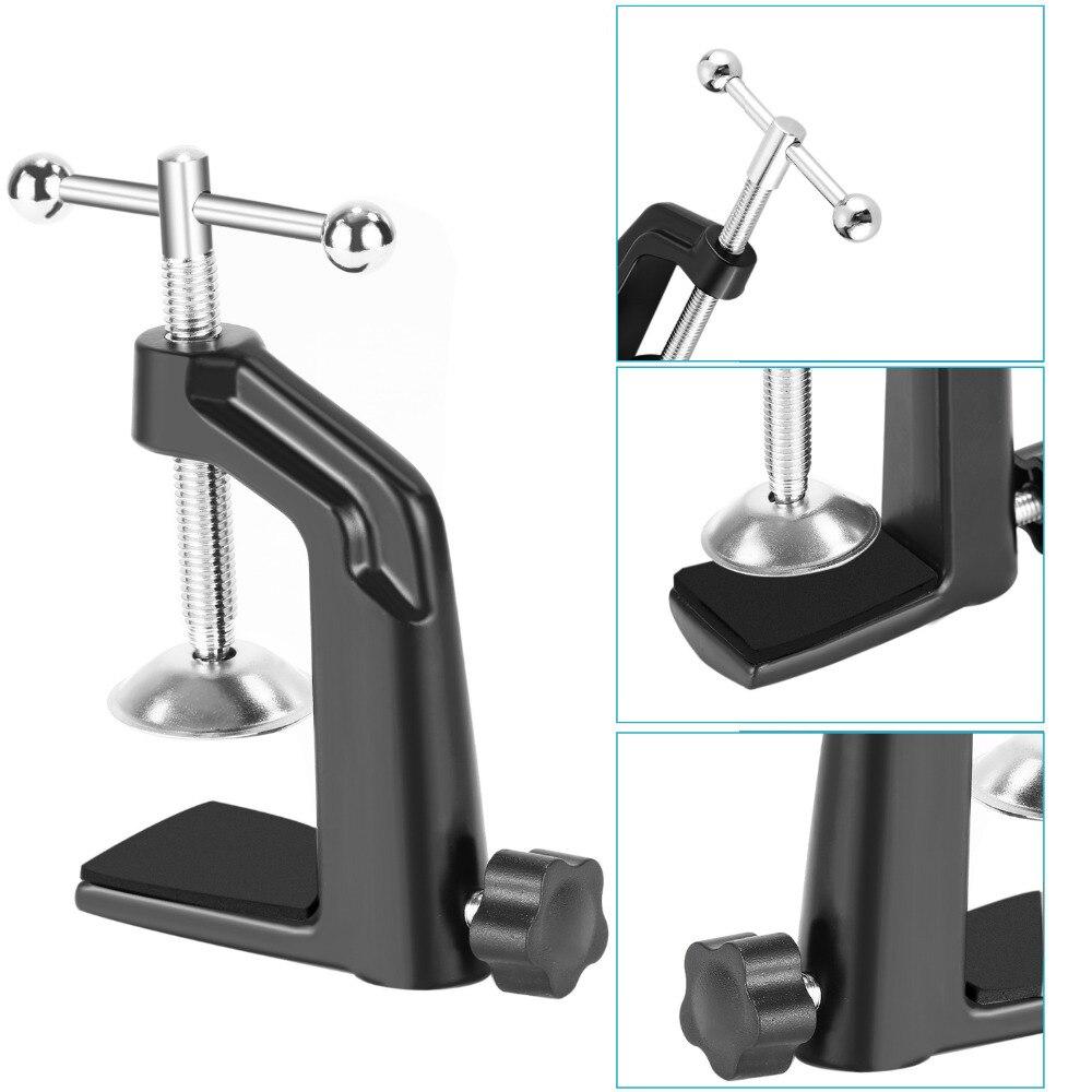 Metal Table Mounting Clamp designed for microphone suspension boom scissor arm, featuring an adjustable screw for optimal positioning.