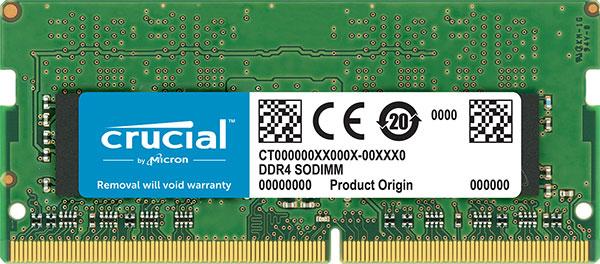 MICRON Crucial 16GB DDR4 SODIMM memory stick with 2400MHz speed, showcasing its sleek design and 260-pin configuration.