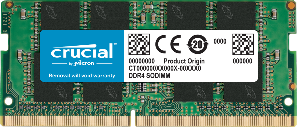 Crucial 16GB DDR4 SODIMM RAM module with specifications and design details.