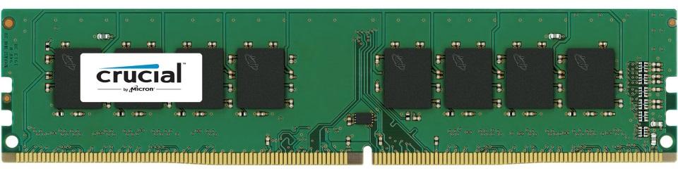 Crucial 16GB DDR4 UDIMM RAM module with specifications and design details.