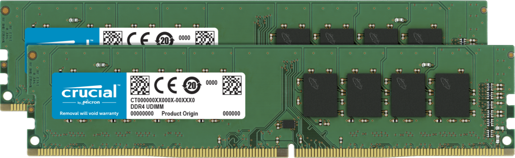 Crucial 64GB DDR4 UDIMM RAM kit featuring two 32GB modules, designed for high-performance desktop computing.