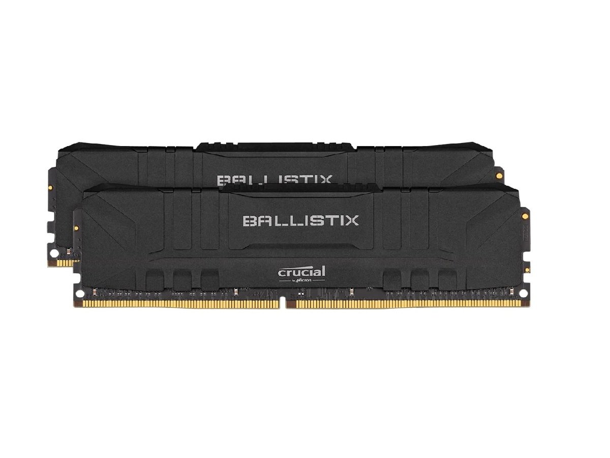 Crucial Ballistix 32GB DDR4 UDIMM memory kit featuring two 16GB modules with RGB lighting and aluminum heat spreader.