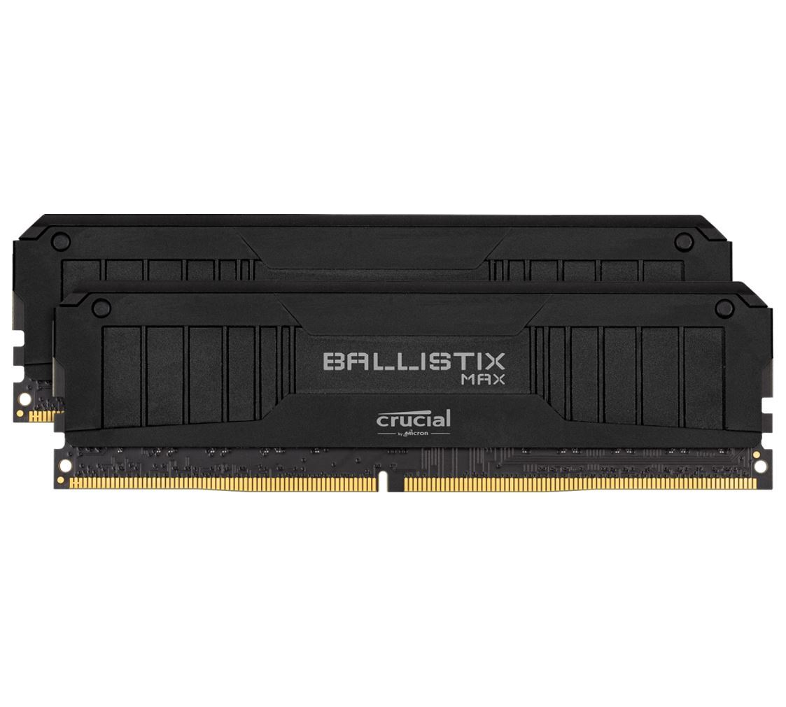 Crucial Ballistix MAX 16GB DDR4 UDIMM 4400MHz CL19 memory kit with black aluminum heat spreaders and customizable RGB light bar.