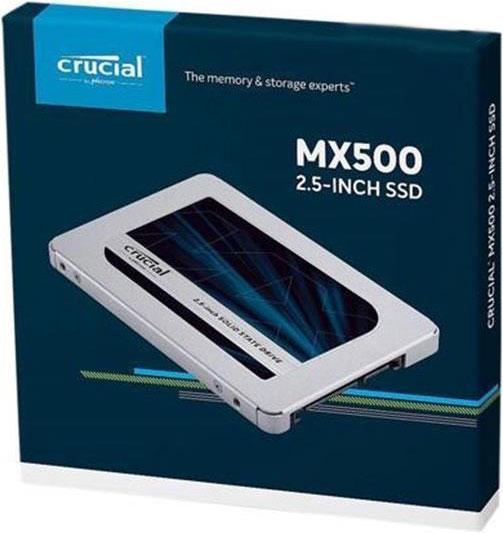 Crucial MX500 250GB 2.5' SATA SSD showcasing its sleek design and advanced technology.