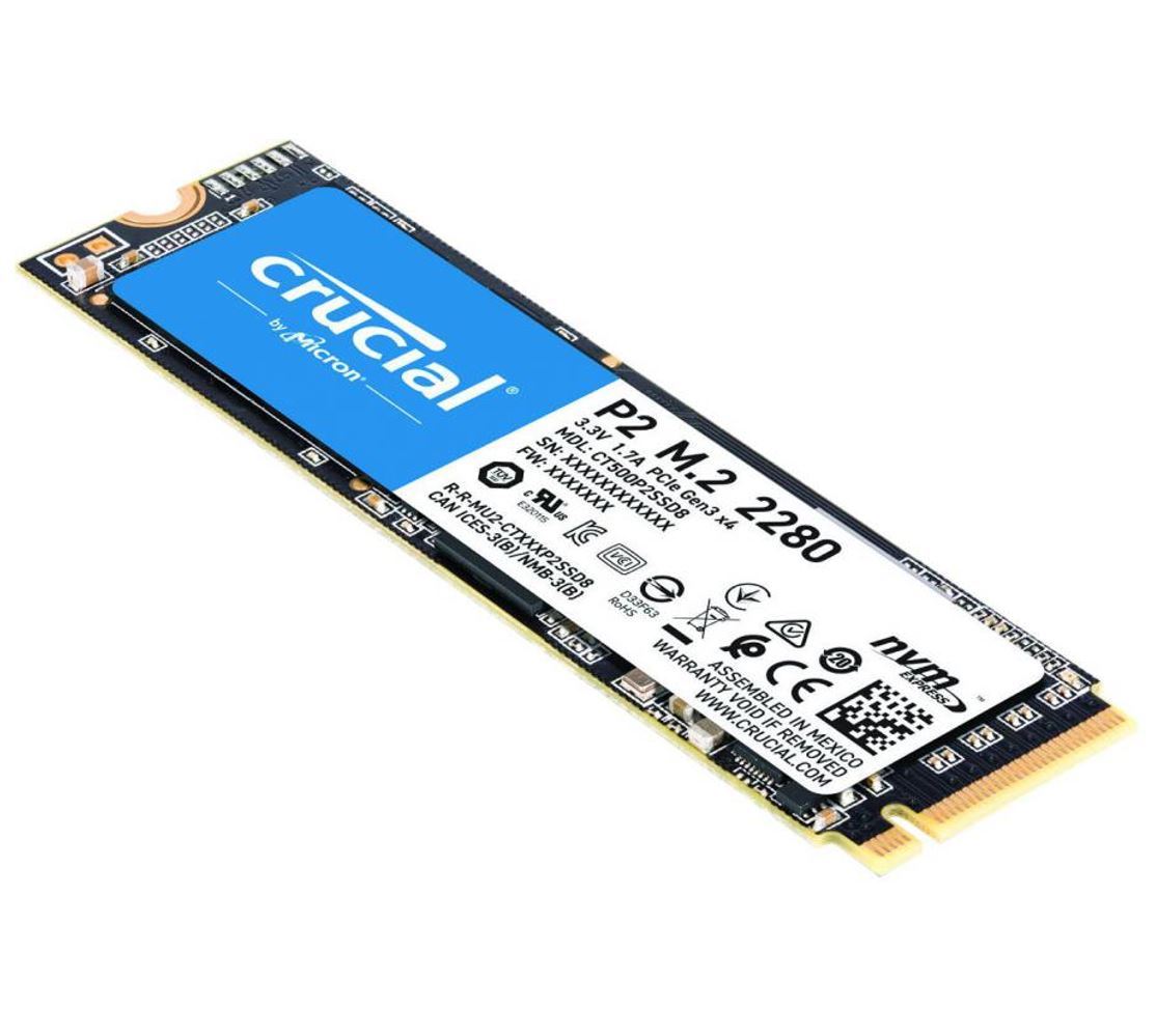 Crucial P2 1TB M.2 NVMe PCIe SSD with QLC NAND technology, showcasing its sleek design and compact size.