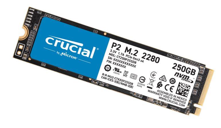 Crucial P2 250GB PCIe NVMe SSD with 3D NAND technology, showcasing its compact M.2 2280 design and performance specifications.