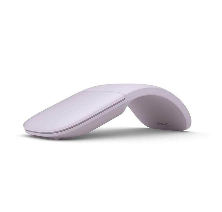 Microsoft Arc Mouse Bluetooth in Lilac color, showcasing its sleek design and flat shape for portability.