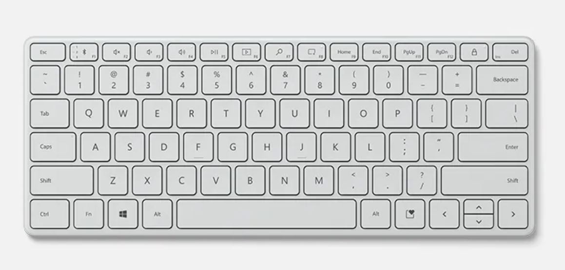 MICROSOFT Bluetooth Compact Keyboard in Glacier color, showcasing its sleek design and compact size, ideal for portability.