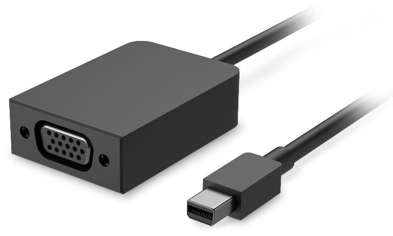 Microsoft mini Display to VGA adapter for Surface Pro, showcasing its compact design and connection ports.