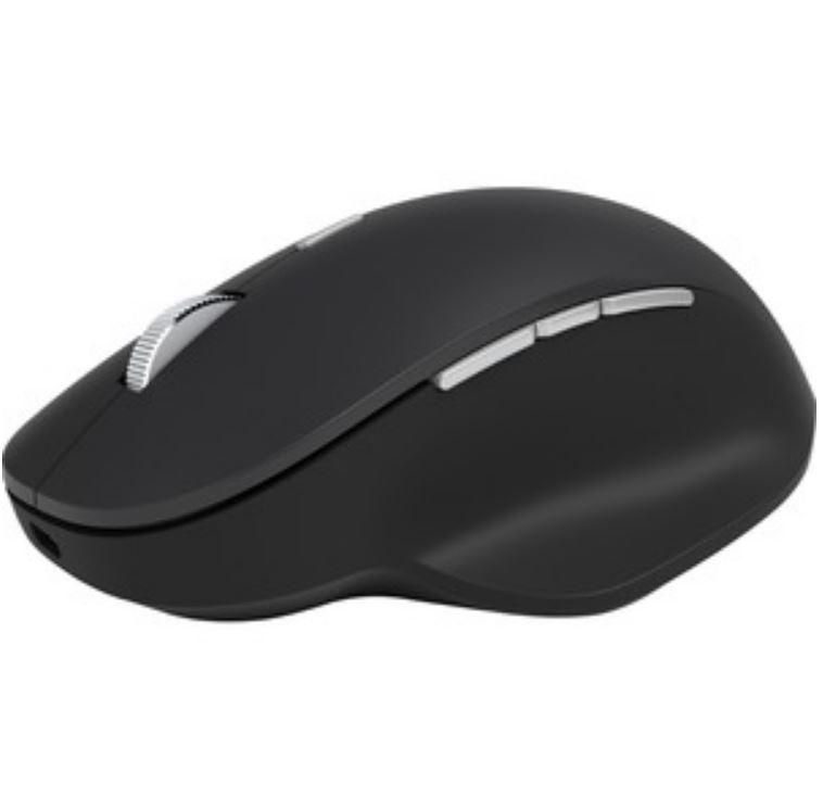 Microsoft Precision Mouse in black, featuring ergonomic design, six buttons, and Bluetooth connectivity.