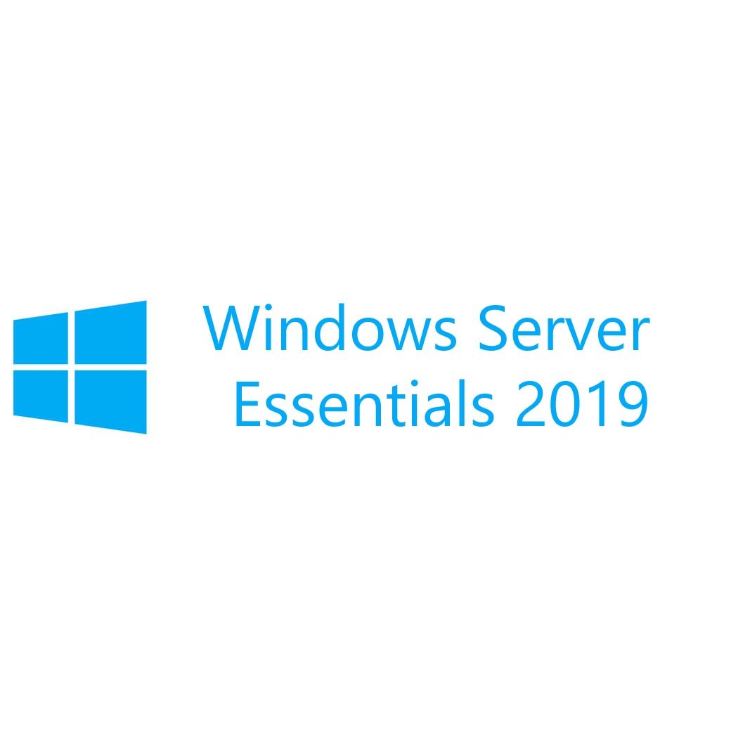 Microsoft Server Essentials 2019 OEM Pack for 1-2 CPUs, featuring a sleek design and packaging.