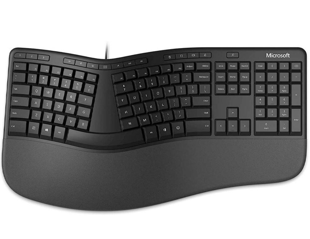 Microsoft Wired Ergonomic Keyboard in black with emoji keys, showcasing its ergonomic design and hot keys.