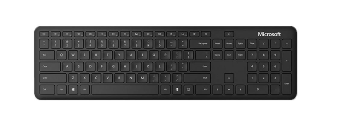 Microsoft Wireless Bluetooth Keyboard in black color, featuring a sleek design and low-profile keys for comfortable typing.