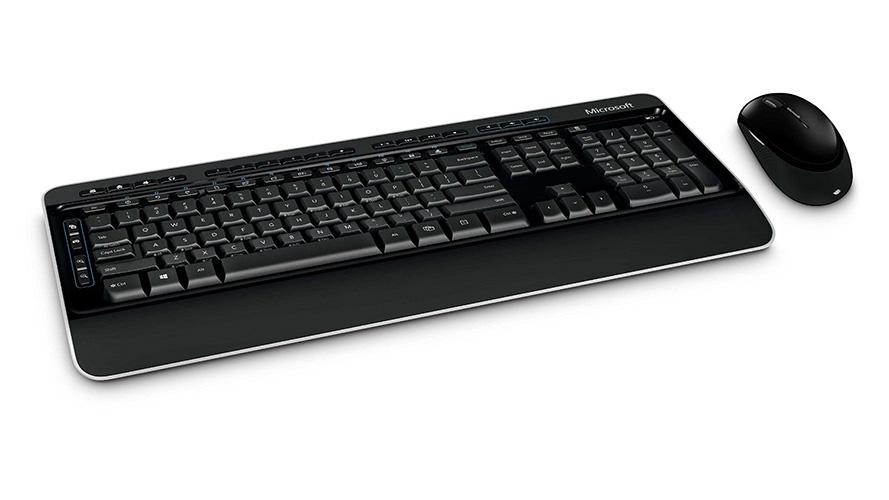 Microsoft Wireless Desktop 3050 Keyboard and Mouse Set featuring ergonomic design and BlueTrak technology for precise tracking.